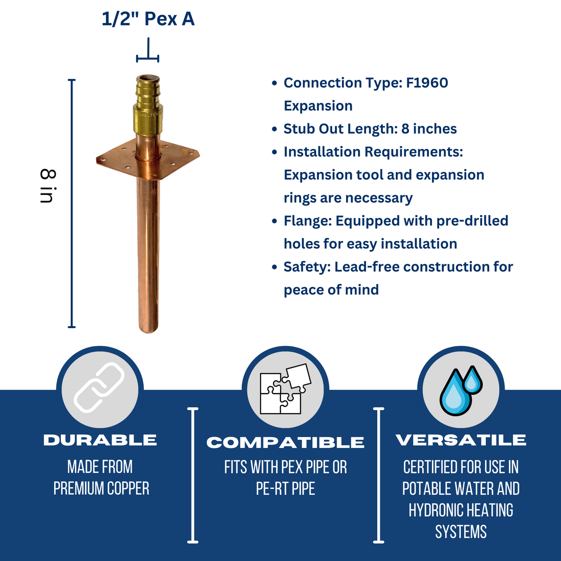 1/2 inch Pex-A Expansion Stub Out Straight with Flange 8 Inch Long