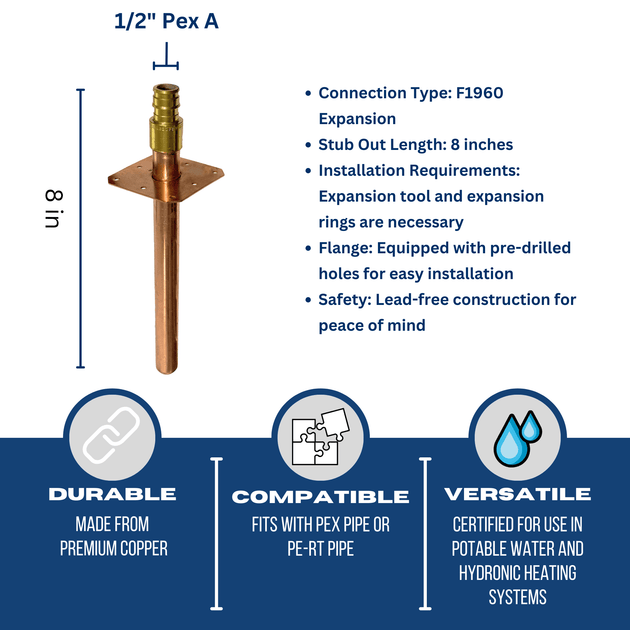 1/2 inch Pex-A Expansion Stub Out Straight with Flange 8 Inch Long
