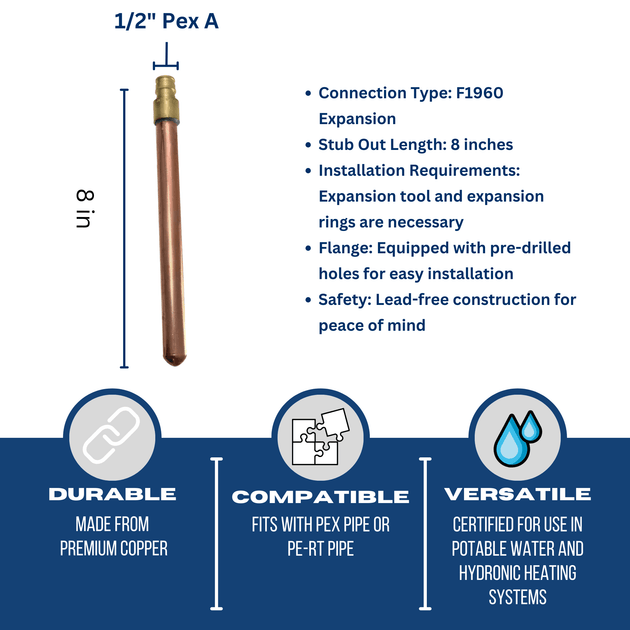 1/2 Inch Pex-A Expansion Stub Out Straight 8 Inch Long