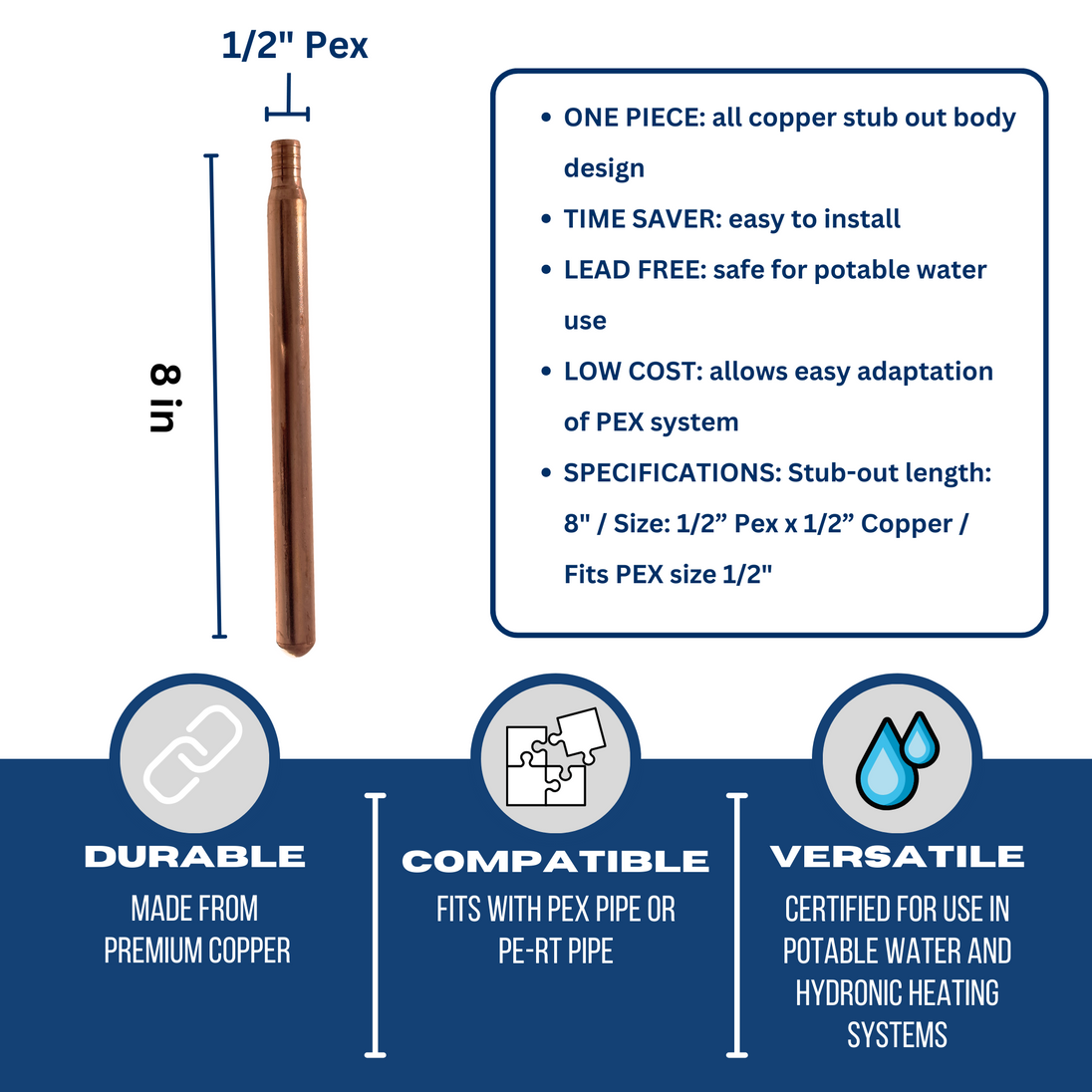 1/2 inch PEX-B Barb Stub Out Straight, 8 inch Long