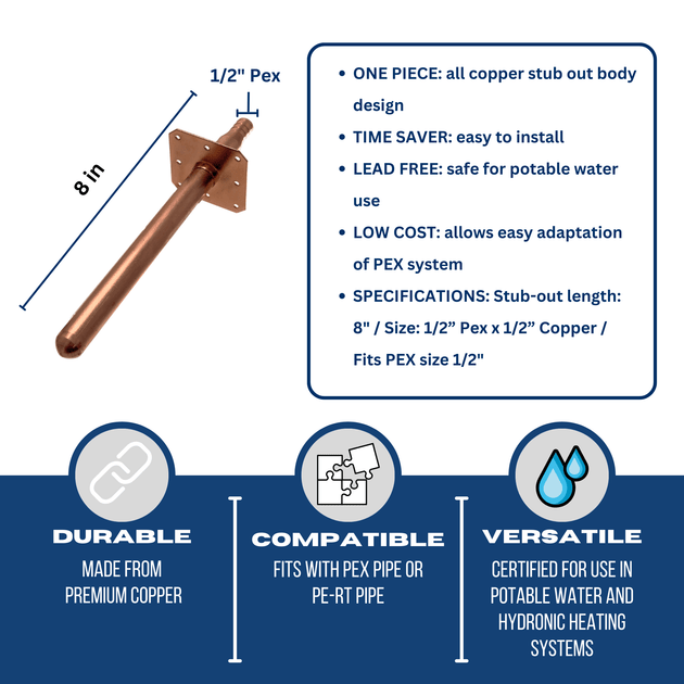 1/2 inch PEX-B Barb Stub Out Straight with Flange, 8 inch Long