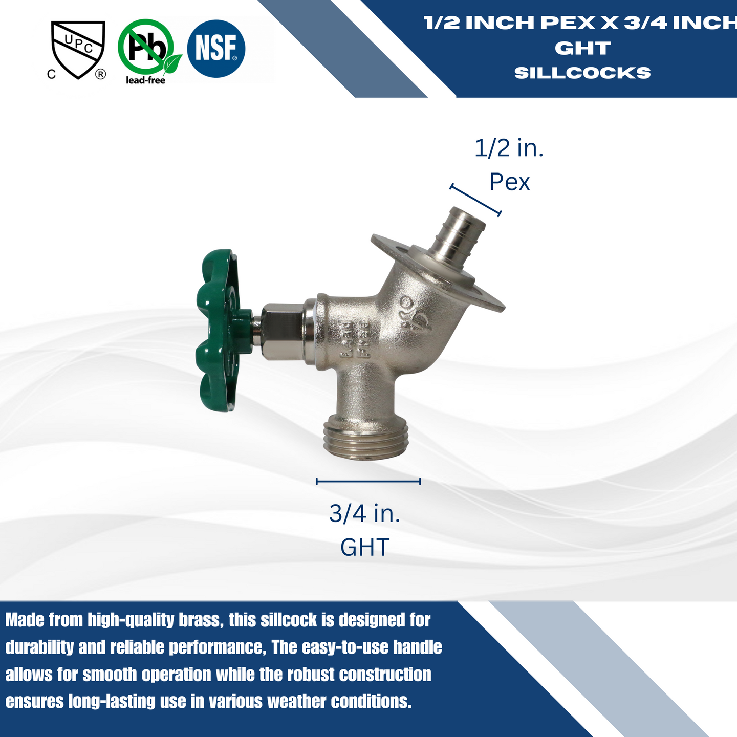 1/2 Inch PEX-B Barb x 3/4 Inch GHT Sillcock