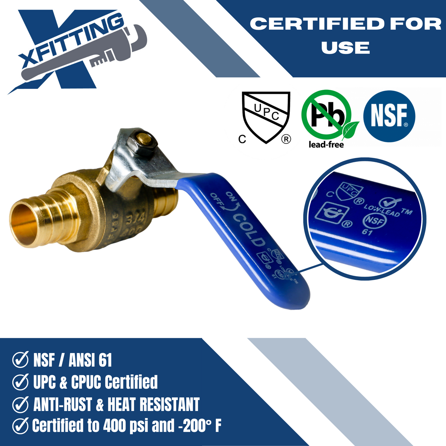 3/4 Inch PEX-B Barb Crimp Ball Valve Cold (Blue)