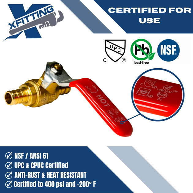 1/2 Inch PEX-B Barb Crimp Ball Valve Hot (Red) and Cold (Blue)