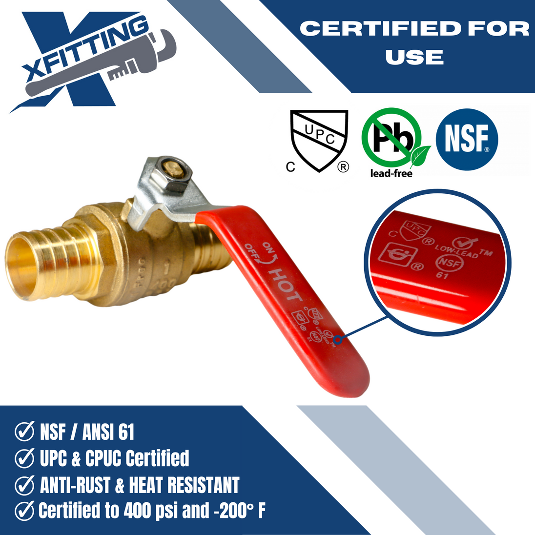 1 Inch PEX-B Barb Crimp Ball Valve Hot (Red) and Cold (Blue)