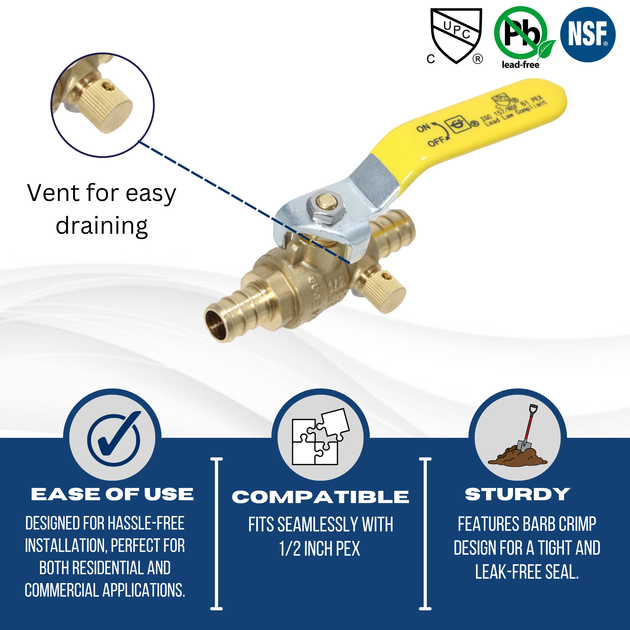 1/2 inch PEX-B Barb Crimp Ball Valve With Drain