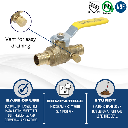 3/4 inch PEX-B Barb Crimp Ball Valve With Drain