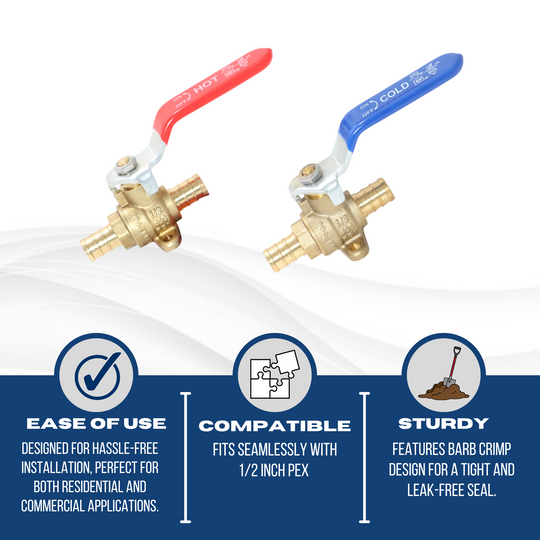 1/2 Inch PEX-B Barb Ball Valve With Drop Ear, Red and Blue