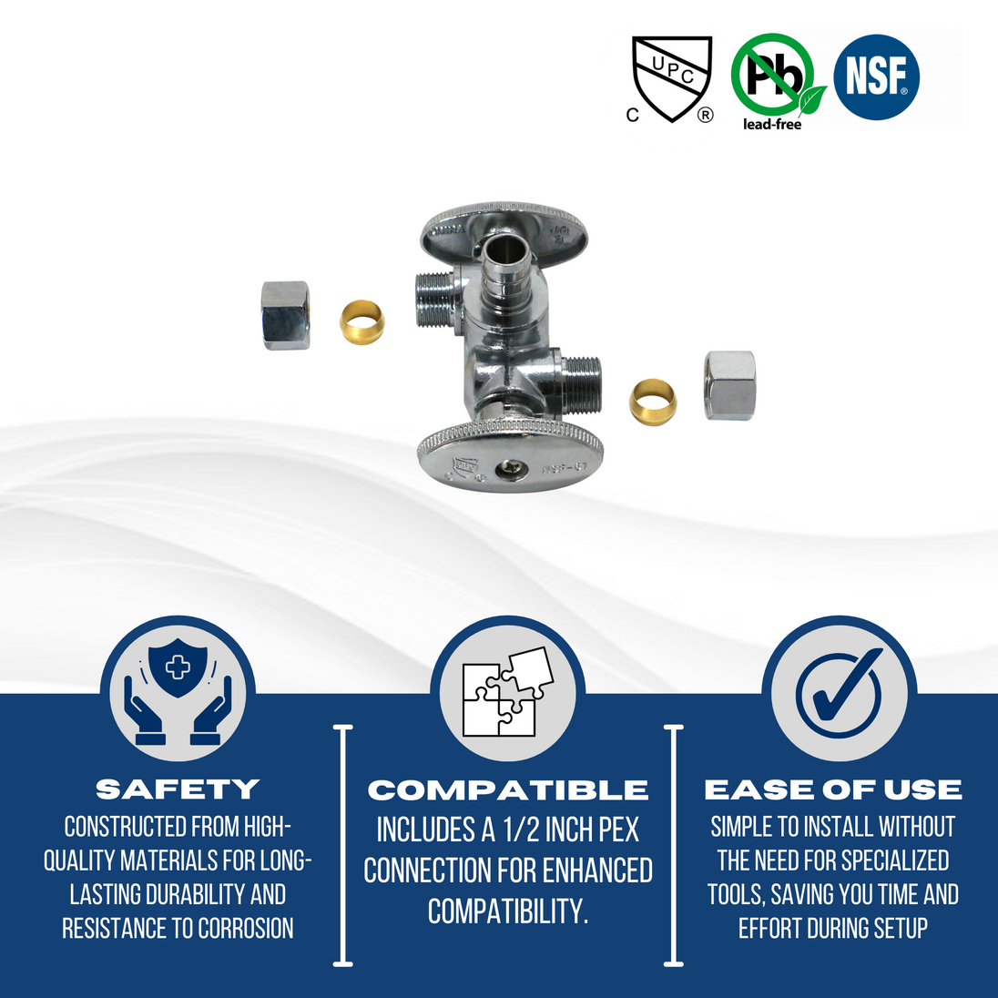 3/8 Inch OD Compression x 3/8 Inch OD Compression x 1/2 Inch Pex Dual Angle Valve