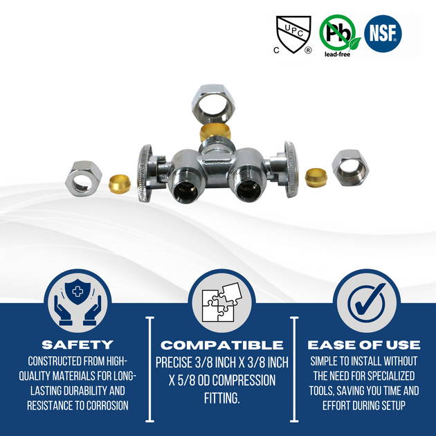 3/8 Inch OD Compression x 3/8 Inch OD Compression x 5/8 Inch OD Compression Dual Stop Valve