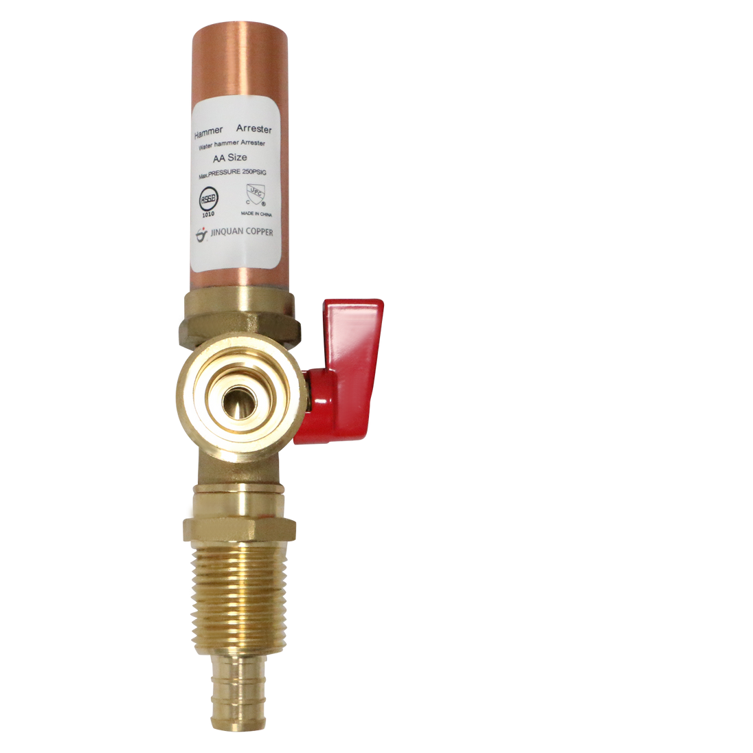 1/2 Inch PEX-B Barb x 3/4 Inch MHT Premium Washing Machine Outlet Stop Valve with Hammer Arrestor, Red Handle