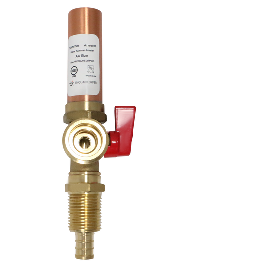 1/2 Inch PEX-B Barb x 3/4 Inch MHT Premium Washing Machine Outlet Stop Valve with Hammer Arrestor, Red Handle