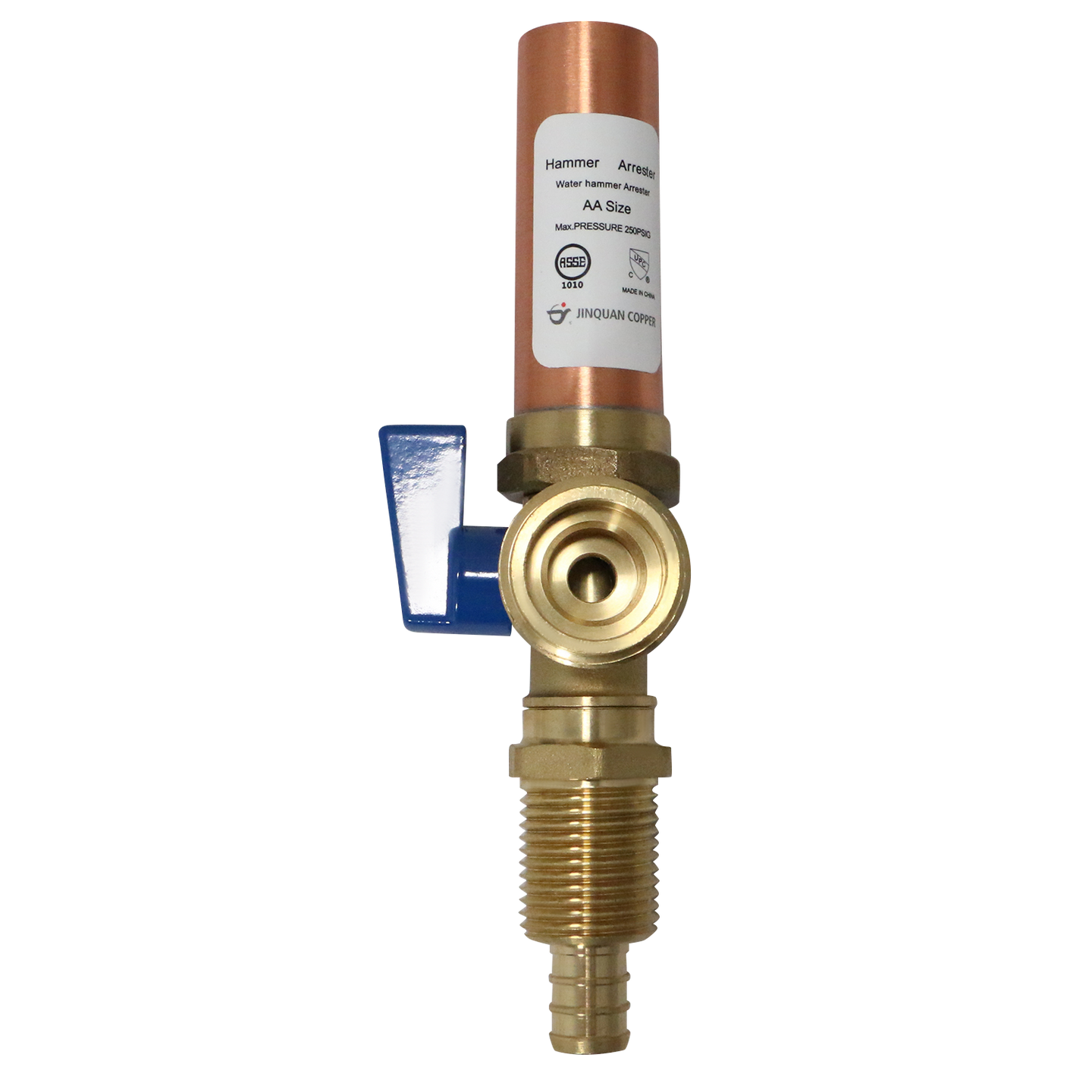 1/2 Inch PEX-B Barb x 3/4 Inch MHT Premium Washing Machine Outlet Stop Valve with Hammer Arrestor, Blue Handle