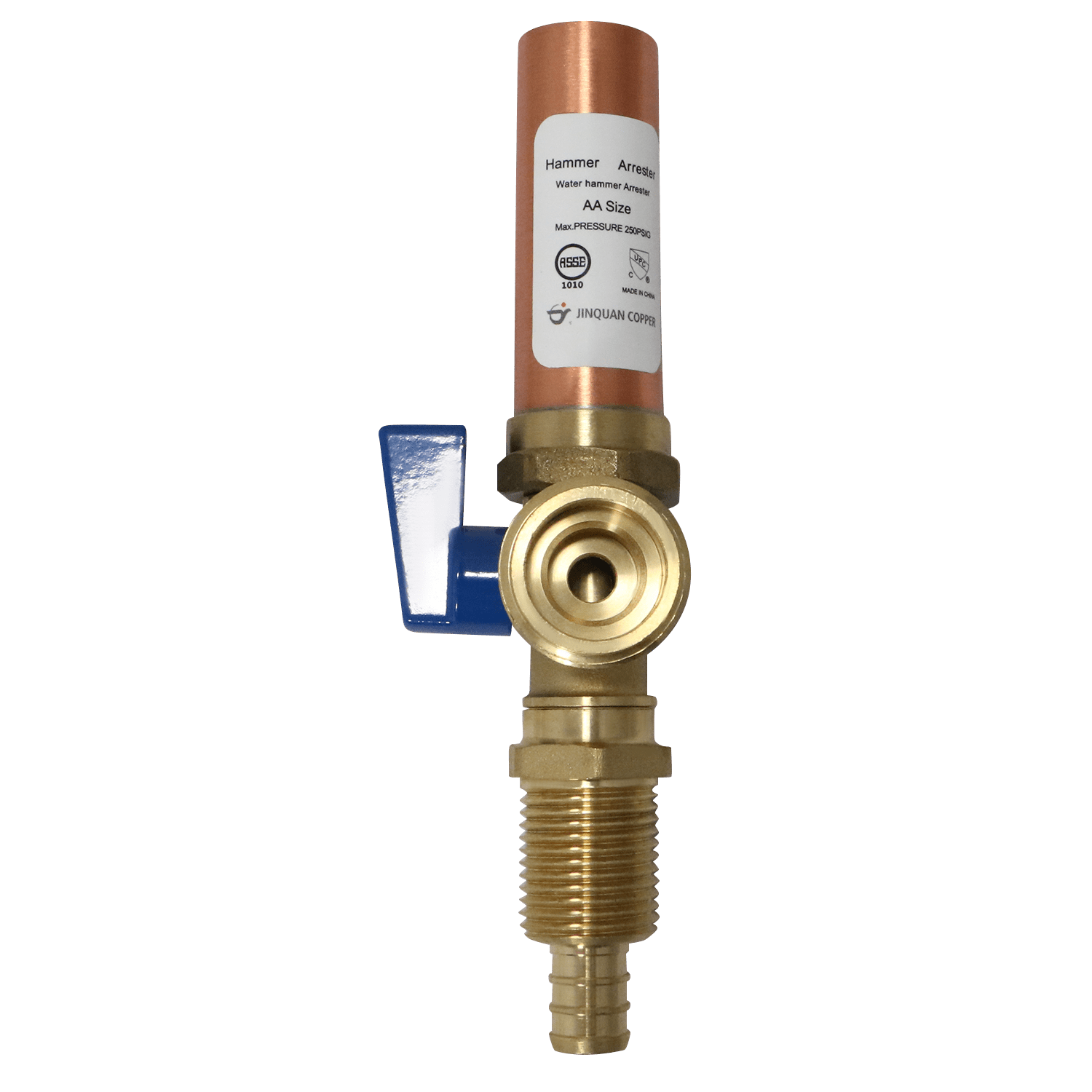 1/2 Inch PEX-B Barb x 3/4 Inch MHT Premium Washing Machine Outlet Stop Valve with Hammer Arrestor, Blue Handle