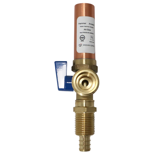 1/2 Inch PEX-B Barb x 3/4 Inch MHT Premium Washing Machine Outlet Stop Valve with Hammer Arrestor, Blue Handle