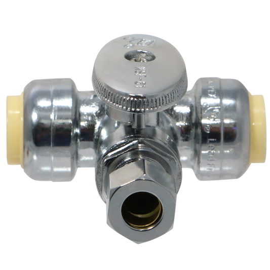 1/2 Push x 1/2 Push x 3/8 OD Compression Tee Valve Measuring 1/2 Push x 1/2 Push x 3/8 OD Compression Specifically Push Fit OD Compression Valve