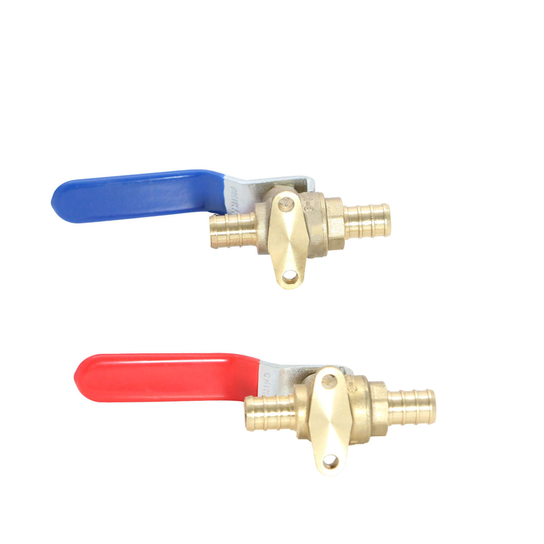 1/2 Inch PEX-B Barb Ball Valve With Drop Ear, Red and Blue