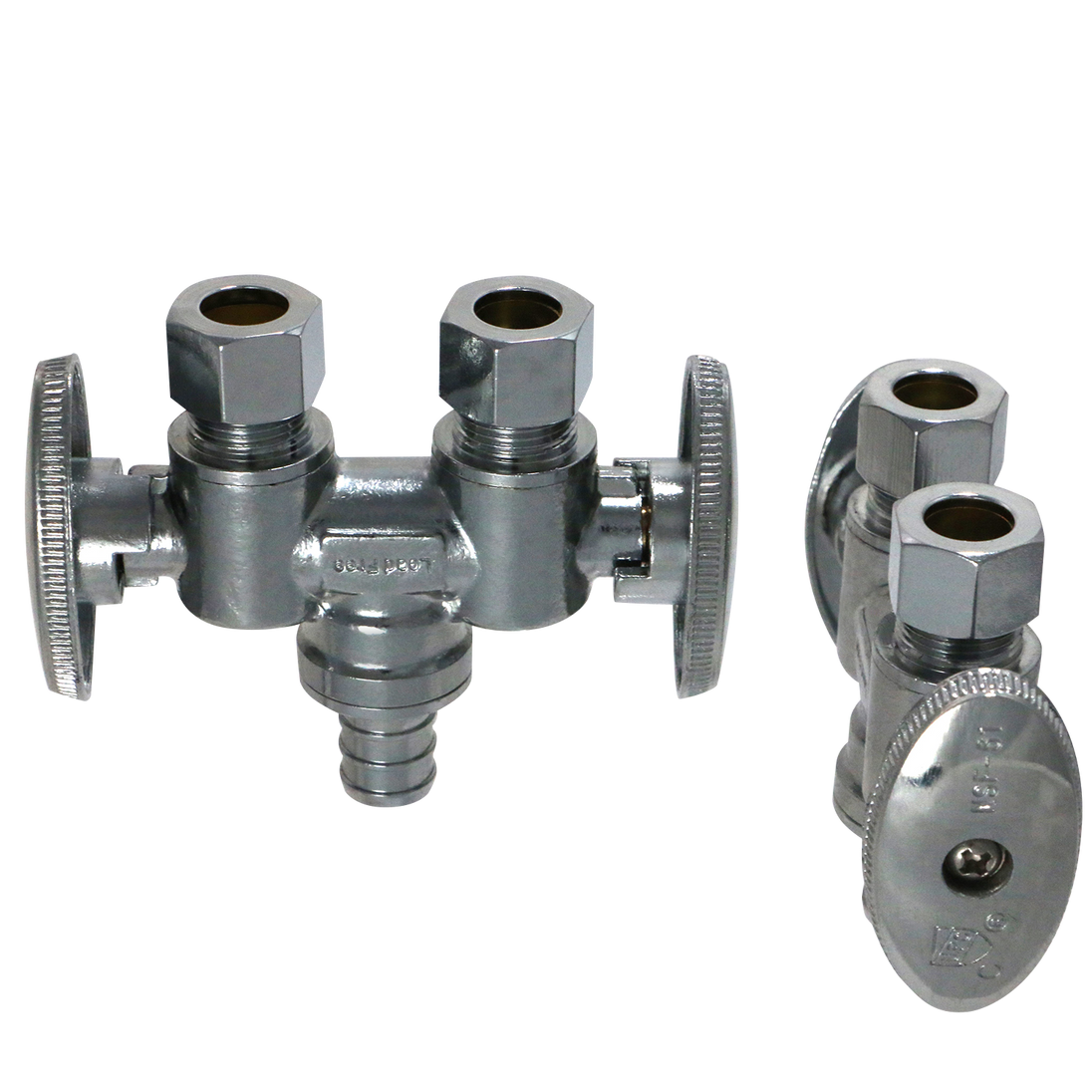 3/8 Inch OD Compression x 3/8 Inch OD Compression x 1/2 Inch  PEX-B Barb Dual Straight Valve