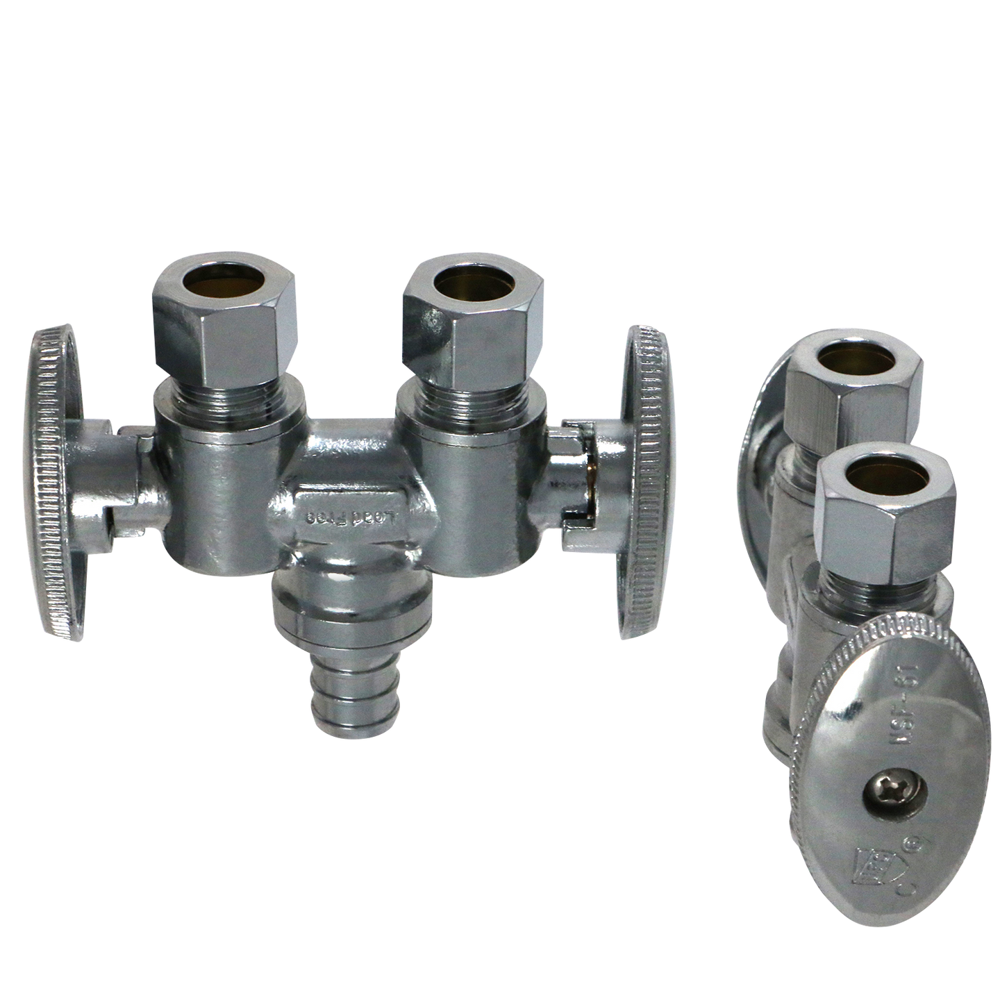 3/8 Inch OD Compression x 3/8 Inch OD Compression x 1/2 Inch  PEX-B Barb Dual Straight Valve