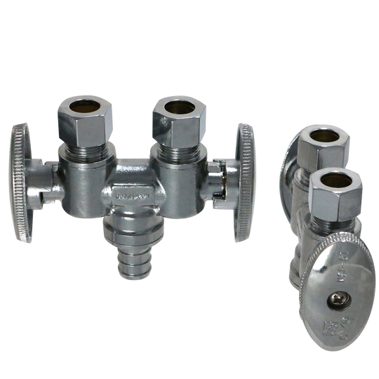 3/8 Inch OD Compression x 3/8 Inch OD Compression x 1/2 Inch  PEX-B Barb Dual Straight Valve