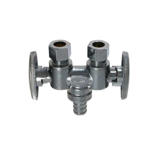  3/8 Inch OD Compression x 3/8 Inch OD Compression x 1/2 Inch Pex Dual Straight Valve Measuring 3/8" OD x 3/8" OD x 1/2" Pex Specifically Push Fit Compression Pex Dual Angle Valve