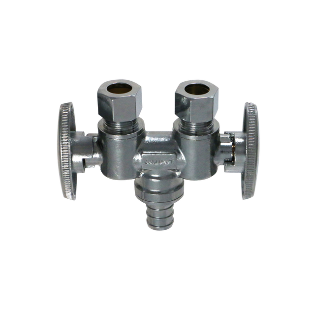 3/8 Inch OD Compression x 3/8 Inch OD Compression x 1/2 Inch  PEX-B Barb Dual Straight Valve