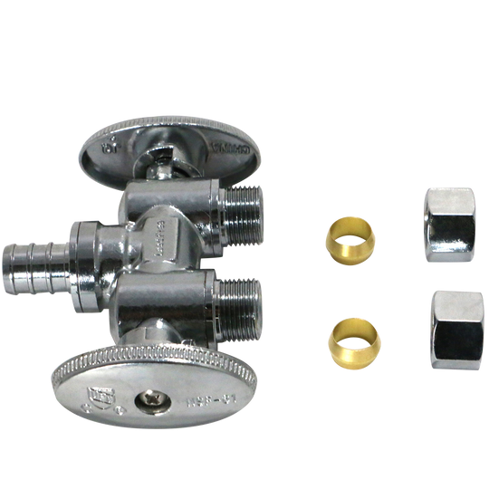 3/8 Inch OD Compression x 3/8 Inch OD Compression x 1/2 Inch  PEX-B Barb Dual Straight Valve