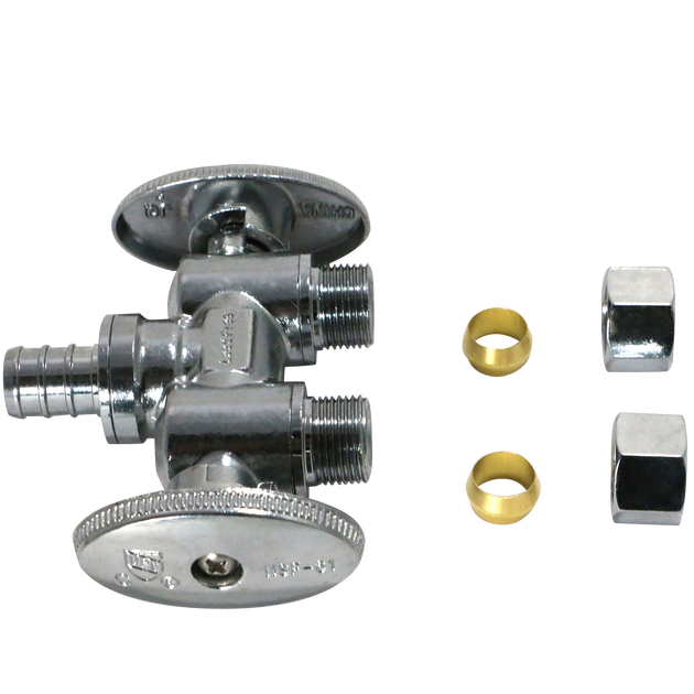 3/8 Inch OD Compression x 3/8 Inch OD Compression x 1/2 Inch  PEX-B Barb Dual Straight Valve