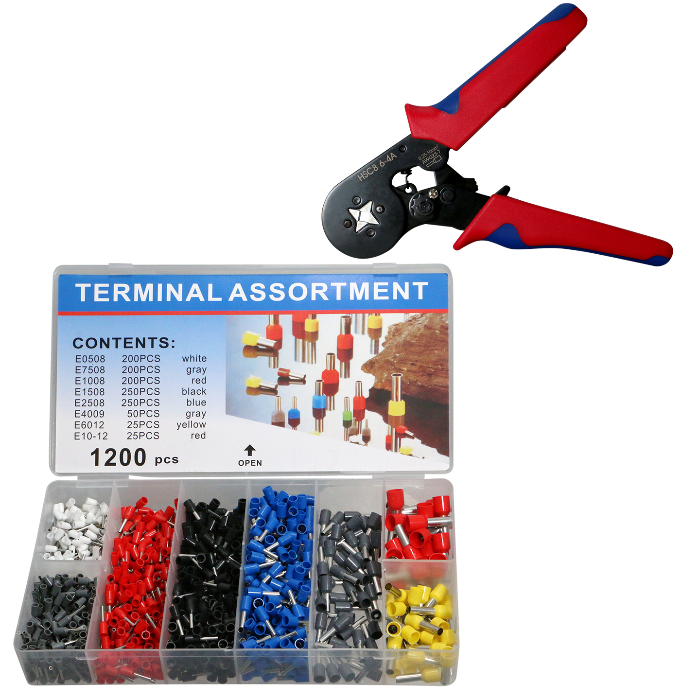 1-Pack 1200 Pcs Wire Ferrules with Crimpers Pliers Kit, Adjustable Ratchet Tools with Terminals Connectors AWG 23-7, 0.5-10mm²