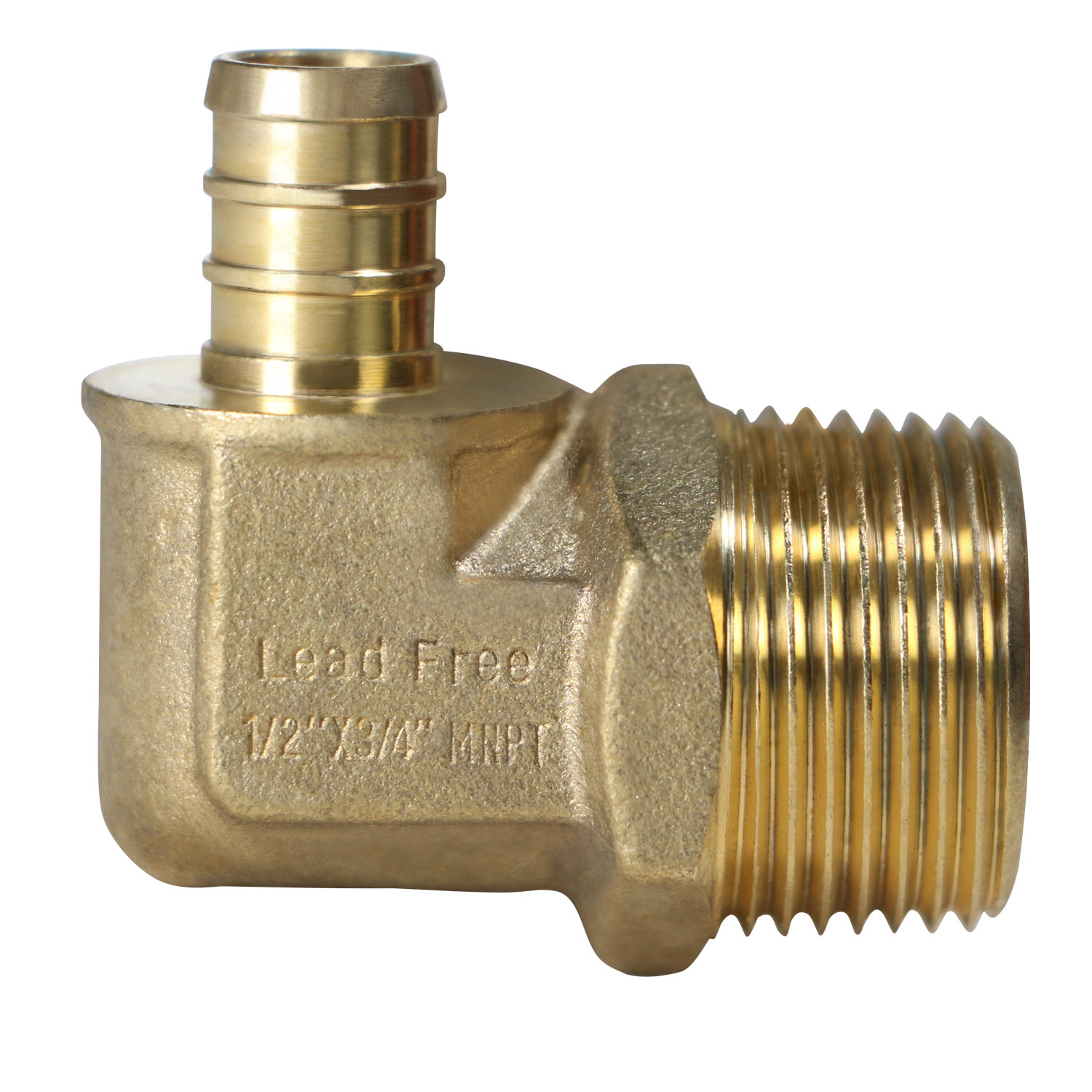 Pex Barb Crimp x Male NPT Reducing Elbow Measuring 1/2 inch Pex B x 3/4 inch MNPT Elbow Specifically Pex Barb Crimp MNPT Elbow