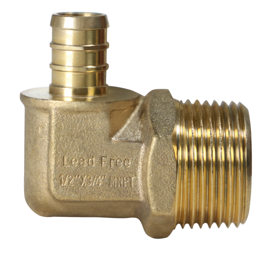 Pex Barb Crimp x Male NPT Reducing Elbow Measuring 1/2 inch Pex B x 3/4 inch MNPT Elbow Specifically Pex Barb Crimp MNPT Elbow