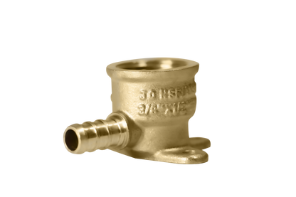 Pex Barb Crimp x Female NPT Reducing Elbow Drop Ear Measuring 3/8 inch Pex B x 1/2 inch FNPT Elbow Drop Ear Specifically Pex Barb Crimp FNPT Elbow Drop Ear