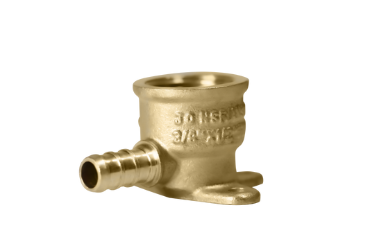 Pex Barb Crimp x Female NPT Reducing Elbow Drop Ear Measuring 3/8 inch Pex B x 1/2 inch FNPT Elbow Drop Ear Specifically Pex Barb Crimp FNPT Elbow Drop Ear