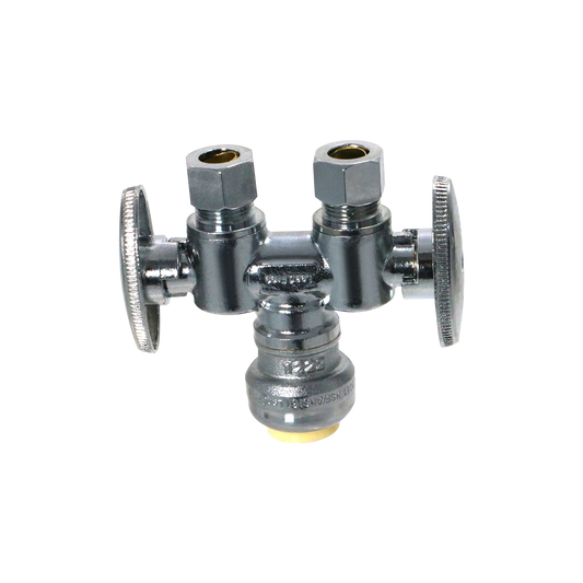 3/8 Compression x 3/8 Compression x 1/2 inch Push Fit Dual Straight/Angle Valve Measuring 3/8 Compression x 3/8 Compression x 1/2 inch Push Fit Dual Straight Valve Specifically Push Fit OD Compression Valve