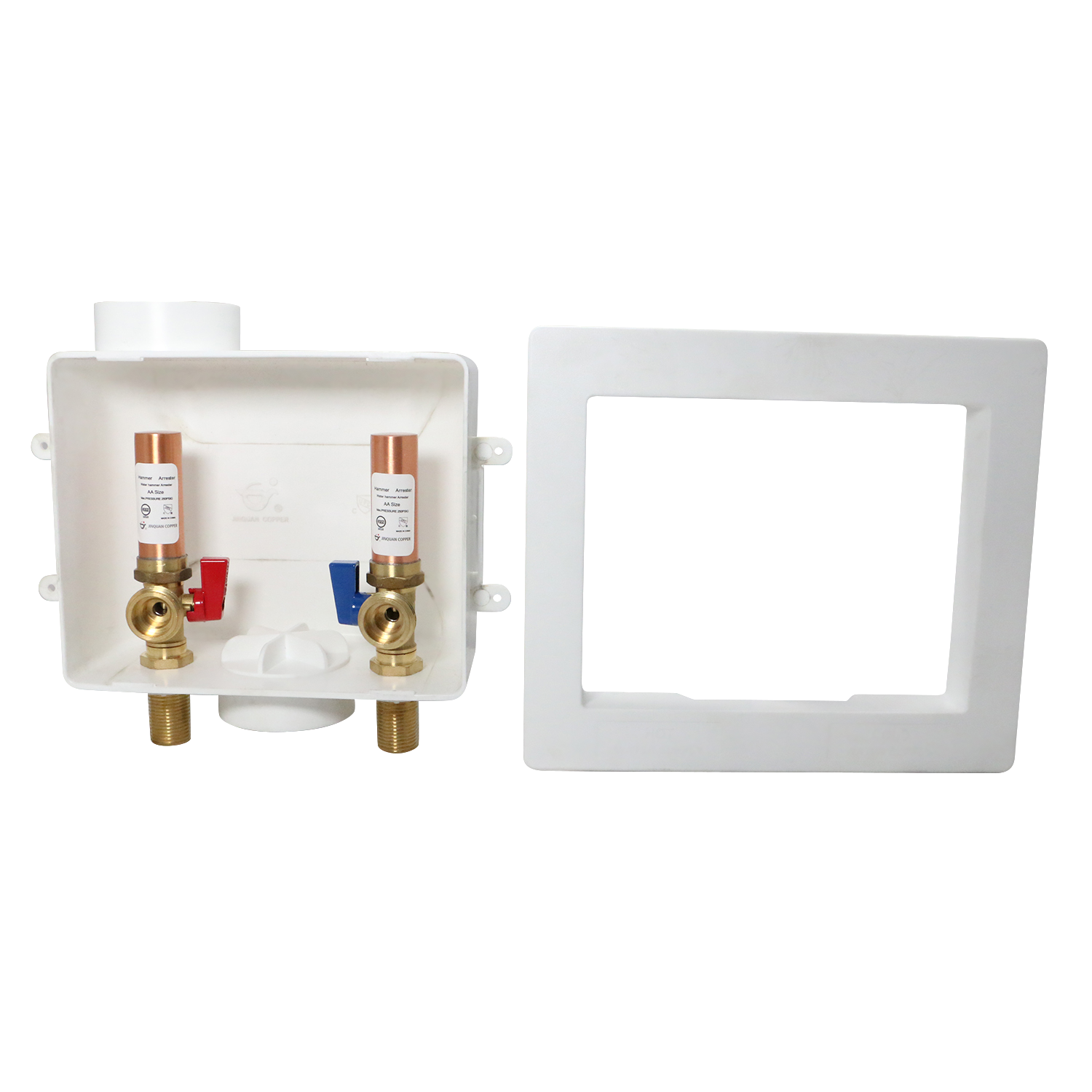  1 Pc Premium Washing Machine Outlet Box with Center Drain 1/2 Inch MIP / Sweat x 3/4 inch MHT Premium Washing Machine Outlet Box – 1/2" MIP/Sweat x 3/4" MHT White with Hammer Arrestor Measuring 1/2" MIP x 3/4 MHT Specifically washing machine outletwashing machine outletwashing machine outlet