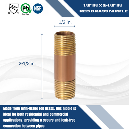  Red Brass Nipple | 1/2 in x 2-1/2 in 1 Pc Premium Washing Machine Outlet Box with Center Drain 1/2 Inch MIP / Sweat x 3/4 inch MHT Measuring 1/2" x 2-1/2" Specifically Red Brass Nipplewashing machine outlet